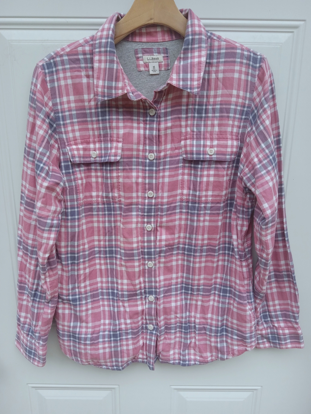 L.L. Bean Pink Blue Plaid Button-Down Shirt Jersey Lined Women's Size Medium